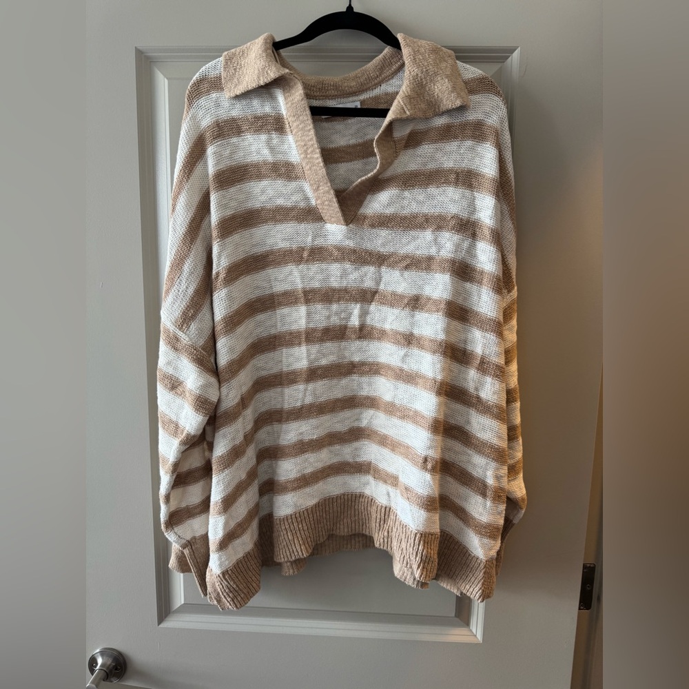 Sonoma Beige and White Striped V-Neck Sweater
